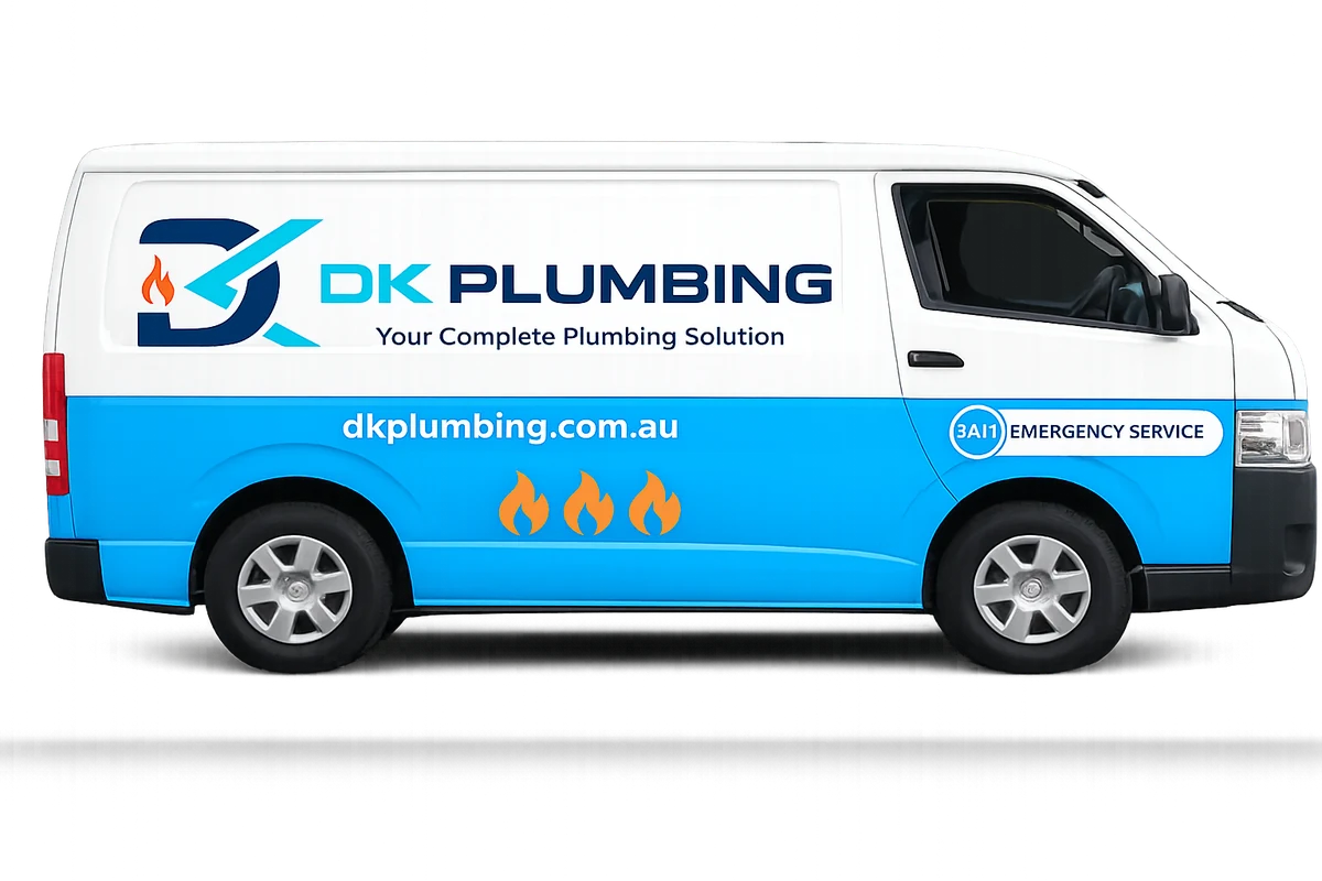 The DK Plumbing service van, signwritten with the DK Plumbing logo and dkplumbing.com.au
